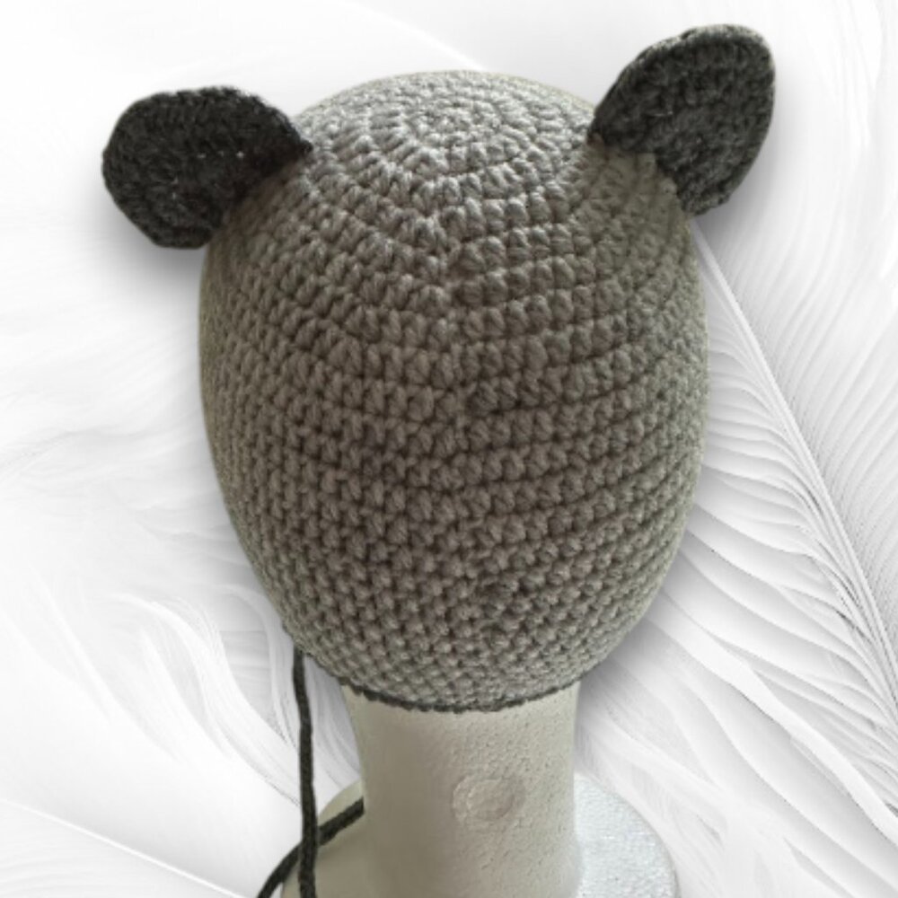 Handmade Crochet Gray Mouse Hat For Kids With Earflaps - Picture 4 of 5